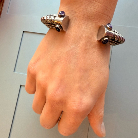 Suarti Bali BA Sterling Silver 925 Amethyst Cabochon HEAVY Cuff Bracelet - Picture 8 of 10